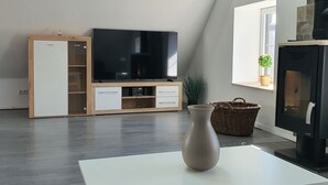 A modern living room with a flat-screen TV on a wooden stand, a white table with a vase, a wicker basket, and a fireplace. - Friesenhof by Interhome (Burhave)