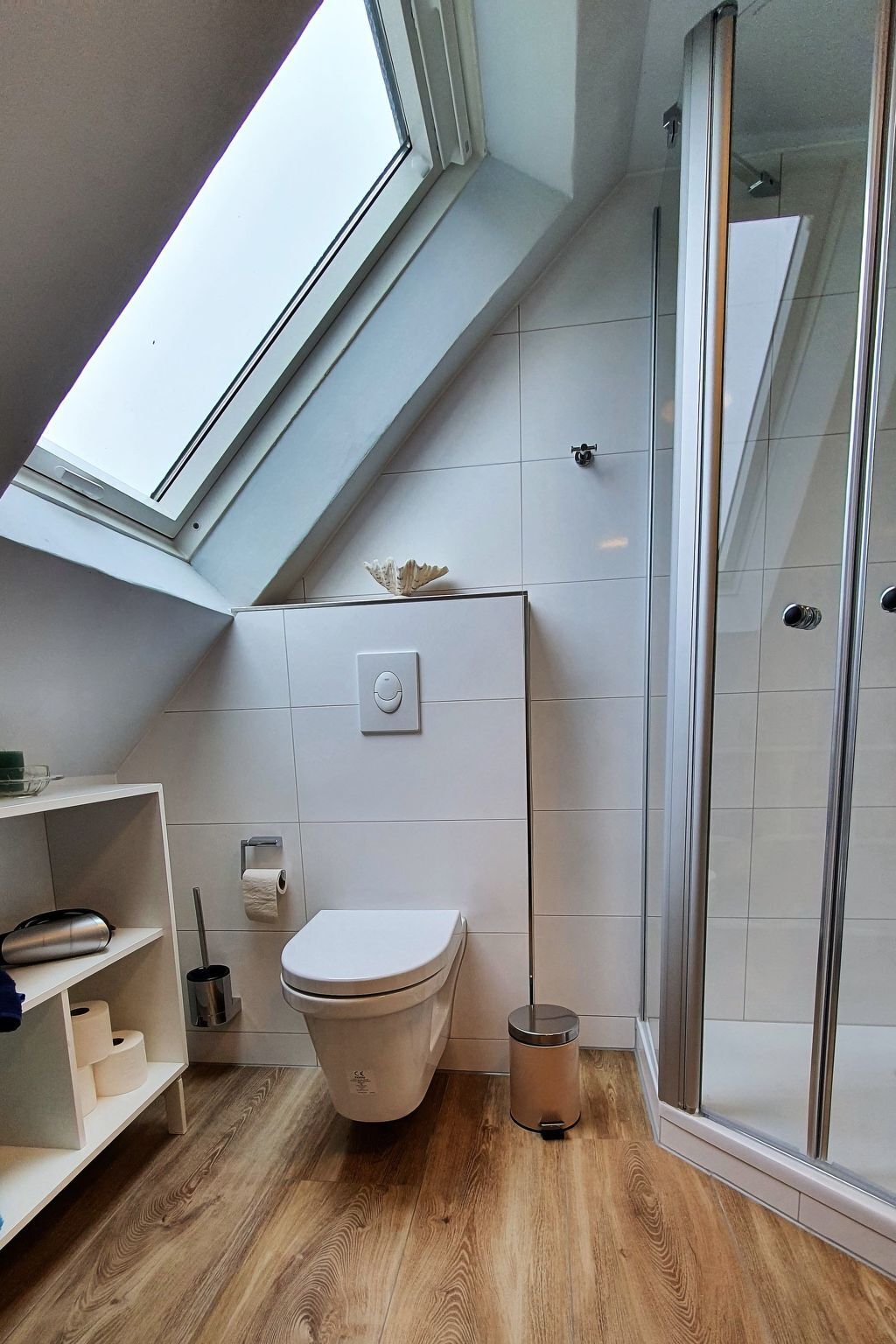 A modern bathroom with a skylight, a toilet, a shower, and a shelf with toiletries.