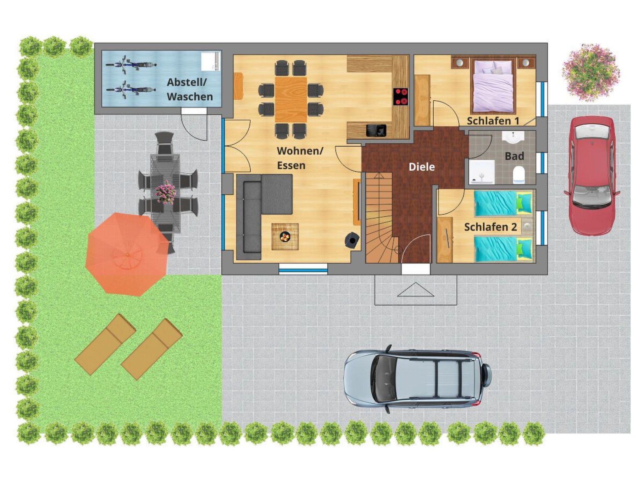 Distribución de un hotel que incluye piscina, comedor, sala de estar, dos dormitorios, baño y zona de estacionamiento.