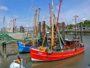 A dock with several fishing boats, including a prominent red boat labeled 'FED8'. - in Burhave mit Großer Terrasse by Interhome (Burhave)