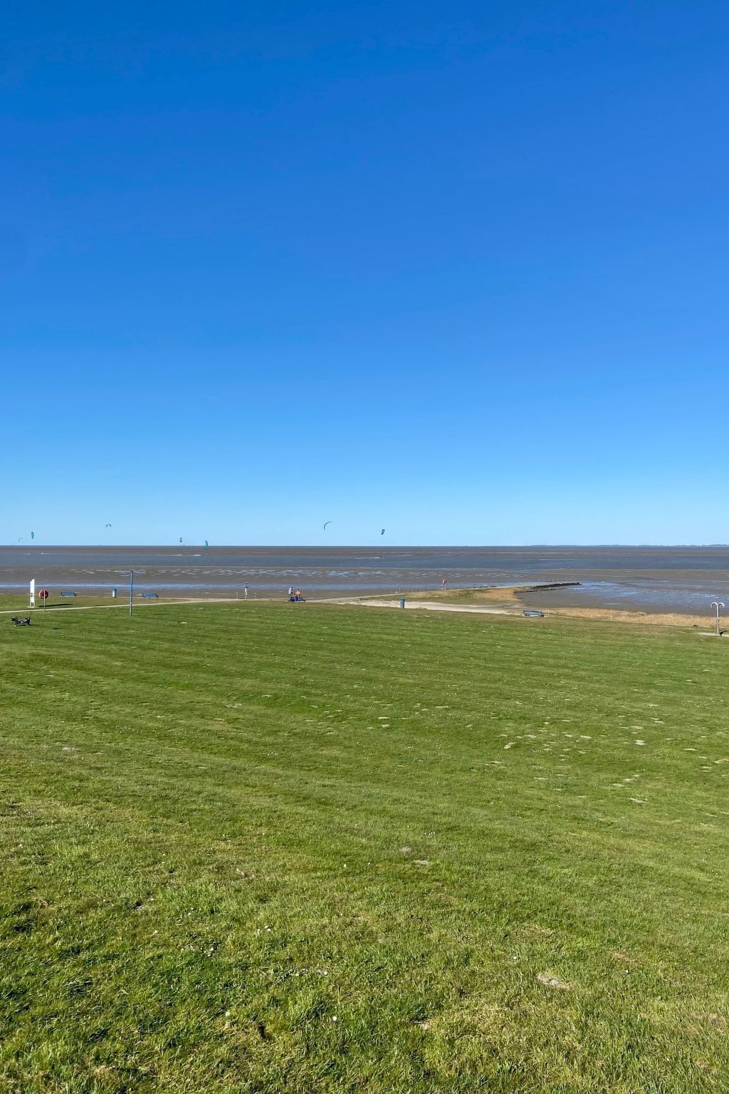 A grassy field with a clear blue sky and a distant view of the sea.