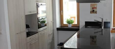 Fridge, oven, dishwasher, cookware/dishes/utensils