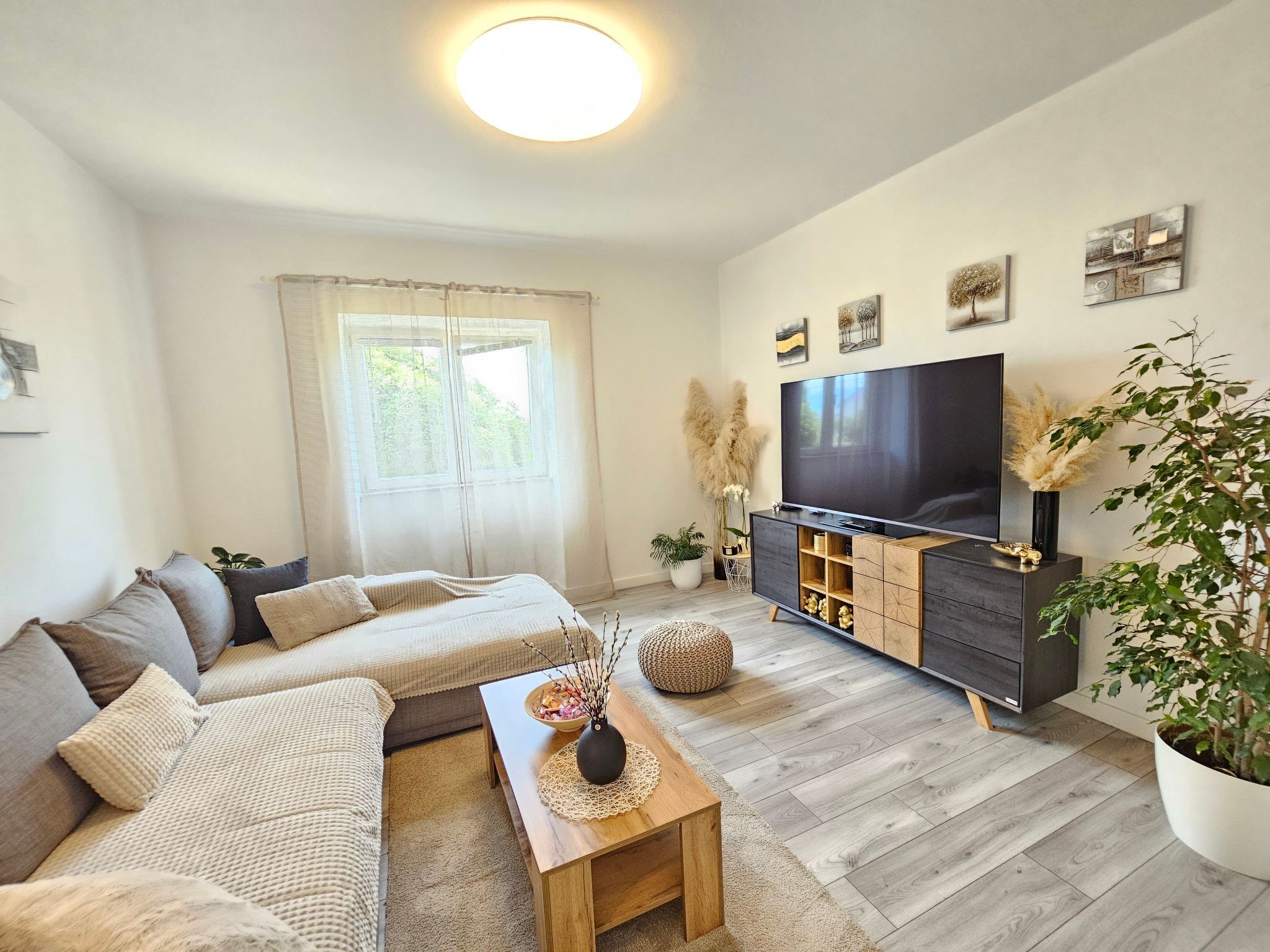 Ein modernes Wohnzimmer mit Sofa, Couchtisch, TV-Schrank und einem großen Fenster mit durchsichtigen Vorhängen.