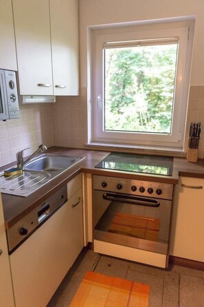 Fridge, microwave, oven, cookware/dishes/utensils