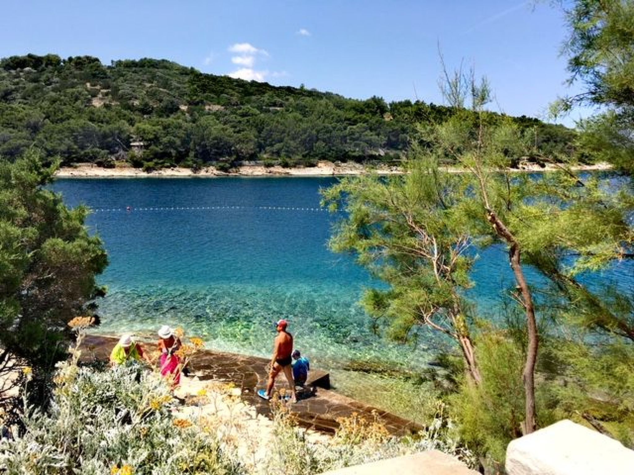 A coastal landscape with clear blue waters, a sandy beach, and dense greenery.