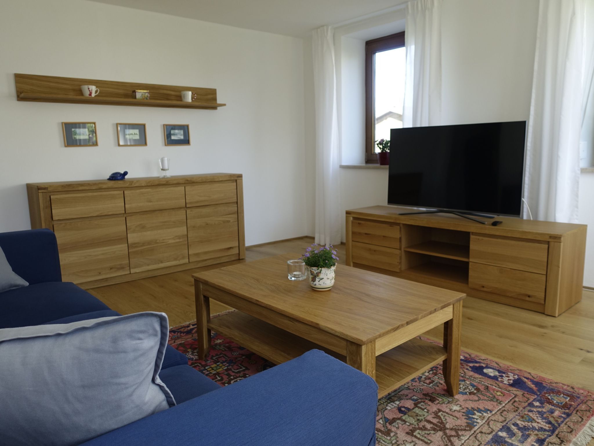 Ein Wohnzimmer mit einer Couch, einem Couchtisch, einer TV-Konsole und einer kleinen Pflanze.