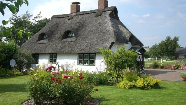 A traditional thatched-roof cottage with a garden in front. - Reetdachhaus Petra by Interhome (Helse)