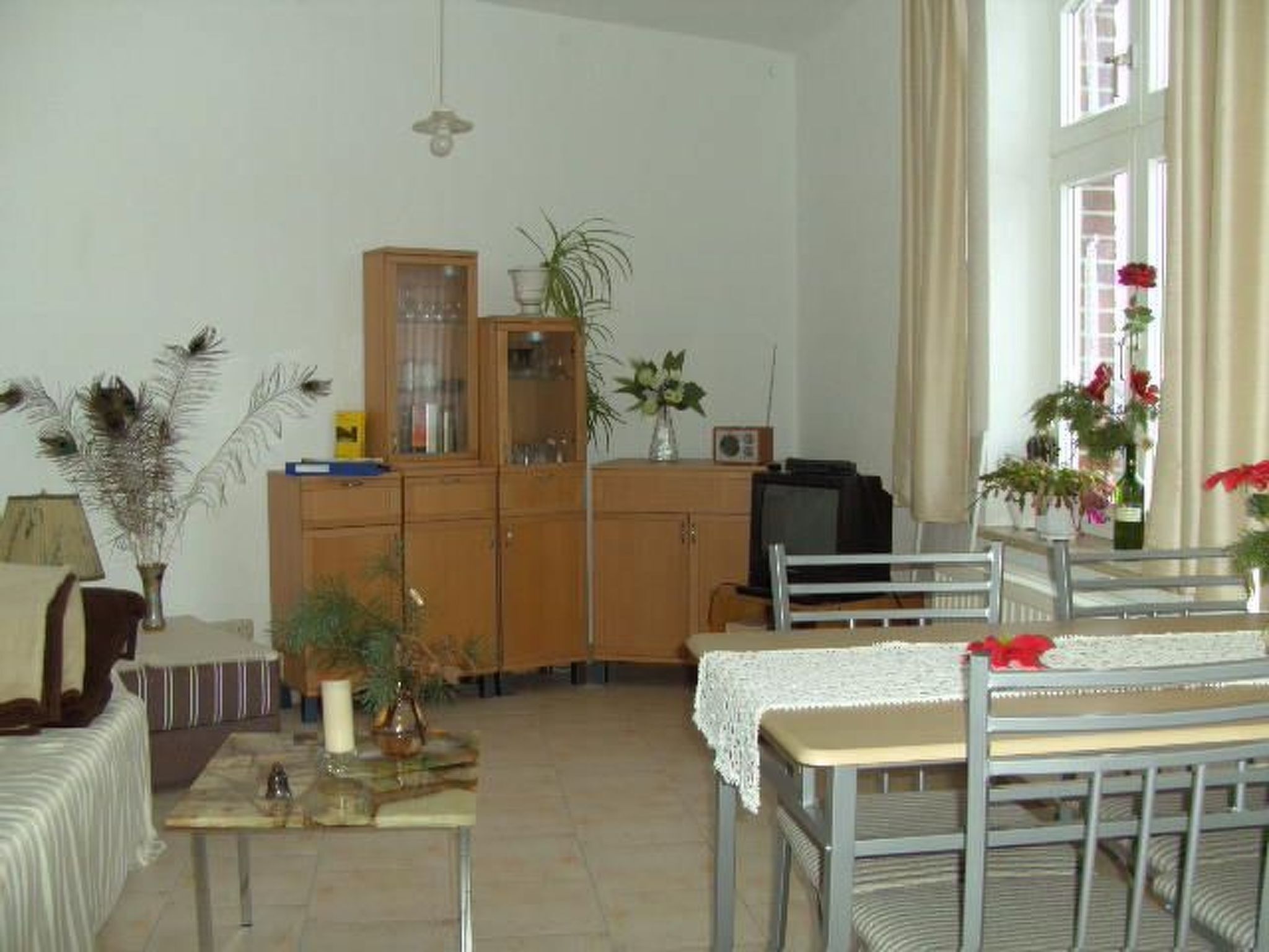 A living room with a dining table, chairs, a cabinet, a television, and various plants.