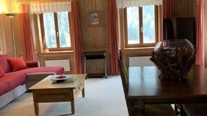 Een gezellige woonkamer met houten details, een bank, een salontafel, een eettafel met stoelen en een grote vaas.