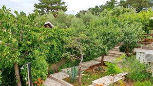 Un giardino con gradini in pietra che conducono a una struttura in legno, circondato da varie piante e alberi.