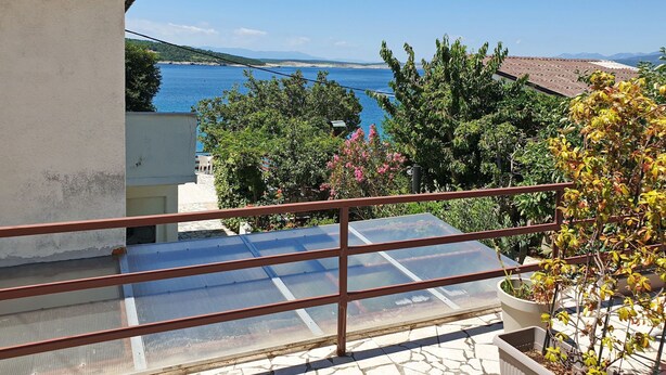 Un balcone con vista sul mare, una pianta in vaso e una ringhiera in metallo.
