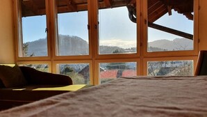 A room with a large window, a bed, and a couch.