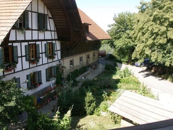 A traditional half-timbered house with a sloped roof, a balcony with potted plants, and a narrow street with parked cars.