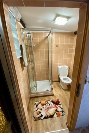 A bathroom with a glass-enclosed shower, a toilet, and a tiled floor.