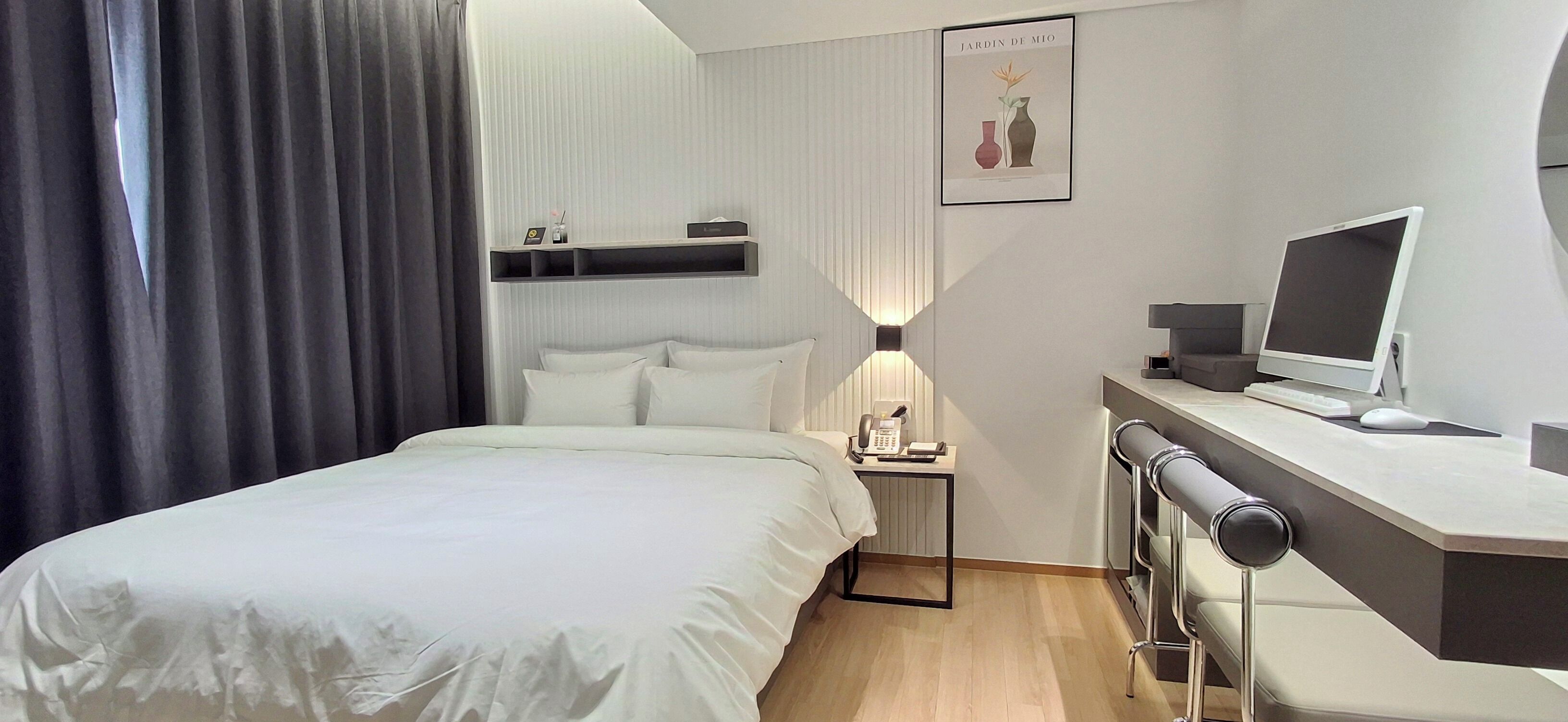 Desk, laptop workspace, blackout curtains, soundproofing