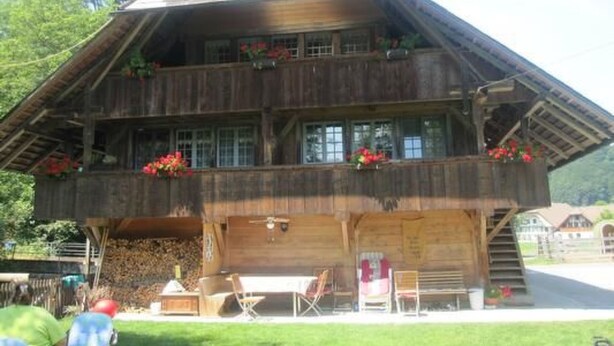A wooden chalet with a steeply pitched roof, multiple windows, and a balcony adorned with flowers. - Farbhaus Bleiche by Interhome (Rohrbach)