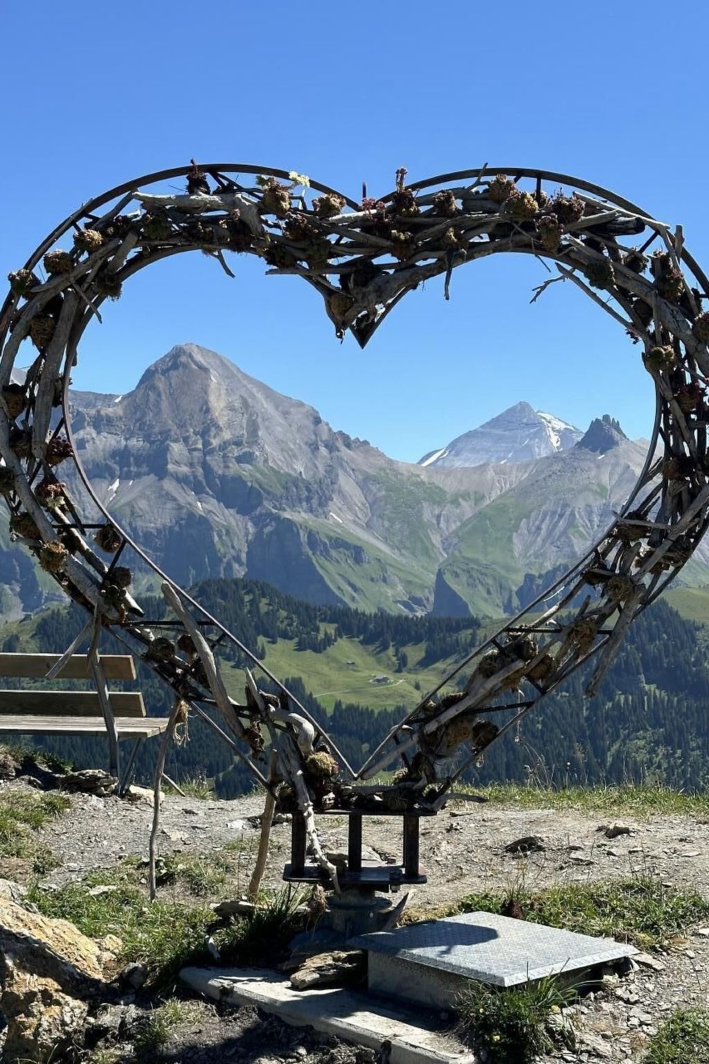 Eine herzförmige Skulptur aus Ästen und Blättern vor einer Bergkulisse.