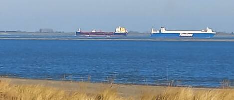 A cargo ship docked at a port with a clear sky.