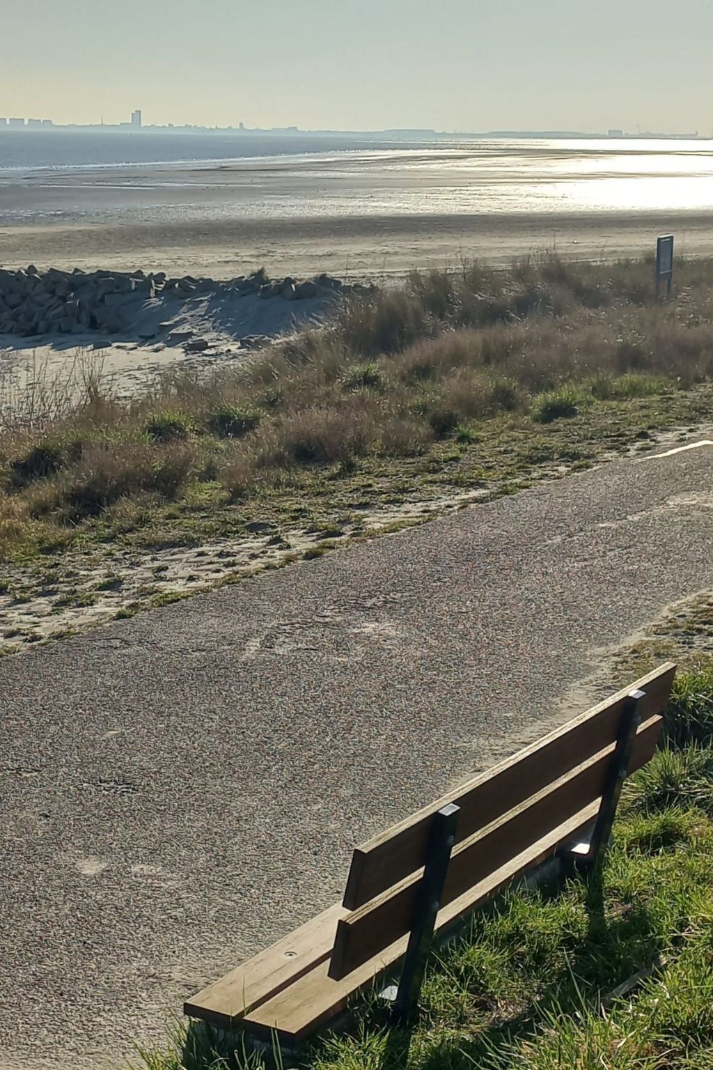 A bench along a gravel path with a view of a beach and distant city skyline.