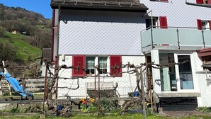 Una casa de dues plantes amb façana blanca i persianes vermelles, envoltada per un jardí ben cuidat i un cel blau clar.