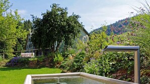 Ein rechteckiger Pool mit klarem Wasser, umgeben von üppigem Grün und blühenden Pflanzen.