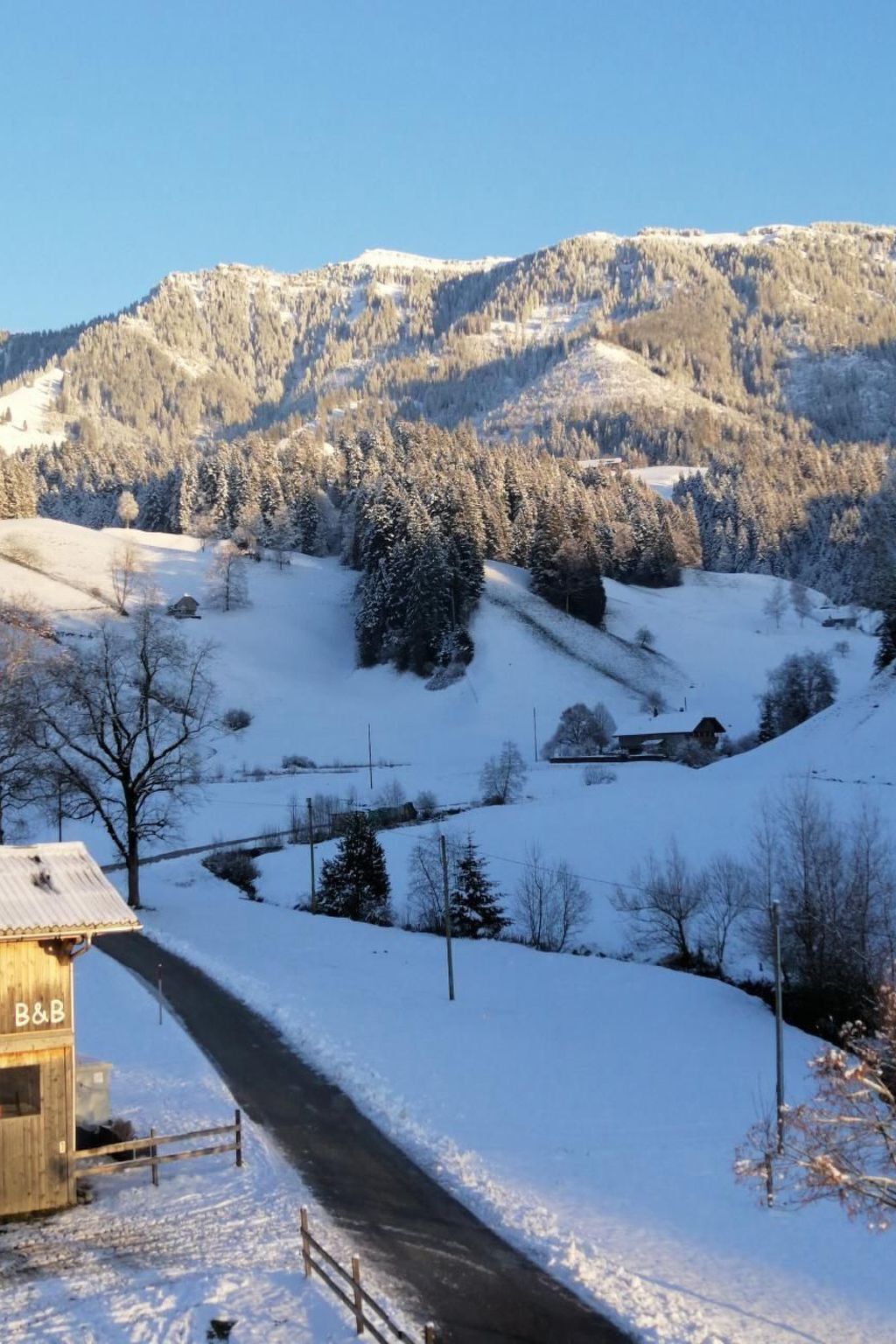 Una baita di legno con un cartello che riporta "B&B" in un paesaggio innevato, con una strada che vi conduce.