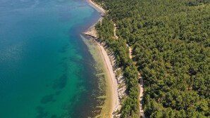 Vue aérienne d’une zone côtière avec une plage et une forêt dense.