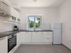 Fridge, oven, dishwasher, cookware/dishes/utensils