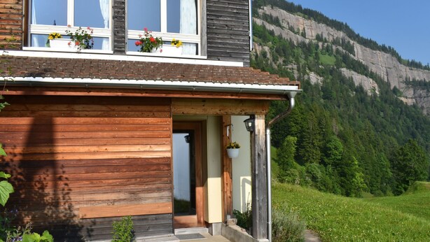 A wooden cabin with a porch, a window with flowers, and a view of a mountain.