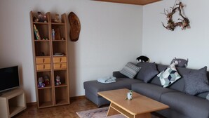 Ein Wohnzimmer mit grauem Sofa, einem Holztisch, einem Fernseher auf einem Schrank, einem Bücherregal und einer Wanddekoration.