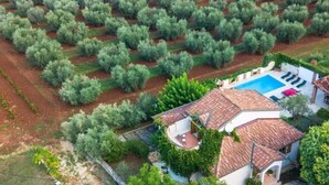 Eine Luftaufnahme eines Grundstücks mit Swimmingpool, terrassenförmig angelegten Olivenhainen und einem weißen Gebäude mit Ziegeldach.