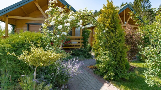 A wooden cabin with a covered porch and a garden path leading to the entrance. - in Rusinowo mit Terrasse und Garten by Interhome (Rusinowo)