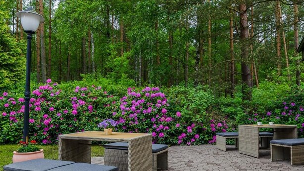 An outdoor seating area with wicker furniture and a lamp post. - "Apartment4" mit Garten by Interhome (Rowy)