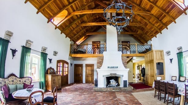 Een ruime kamer met een hoog houten plafond, een open haard, een eethoek en een balkon.