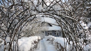 Een sneeuwbedekte pad dat naar een gebouw leidt, met een blauw-witte gevel.