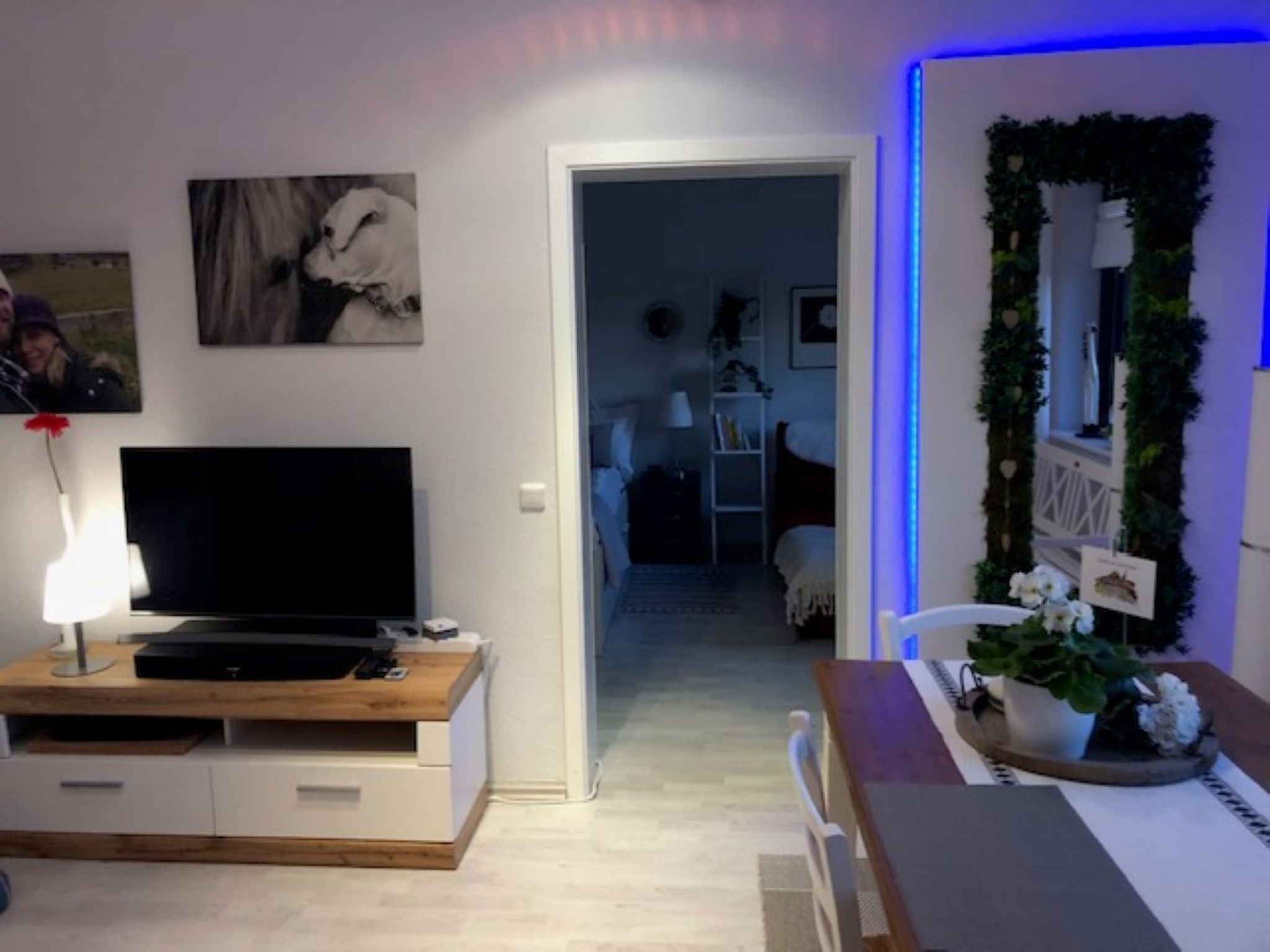 Un salon moderne avec un téléviseur à écran plat posé sur un meuble en bois, un canapé blanc et une table à manger agrémentée d’une plante en pot.