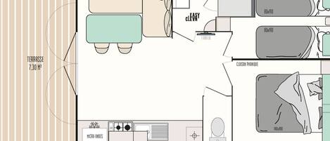 Un plan d’étage d’une chambre d’hôtel avec une terrasse, une salle de bain et un coin cuisine.