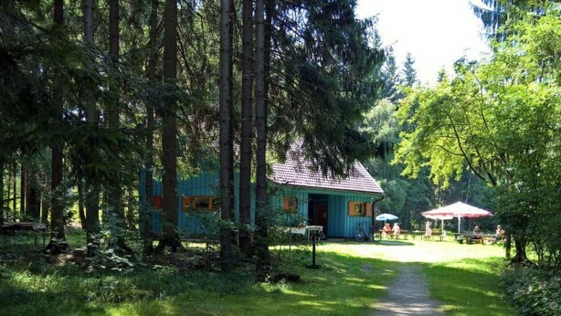Un chalet rustique, avec un sentier de terre menant à un espace de pique-nique agrémenté d’un parasol rouge.