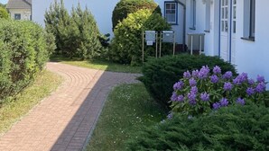 A two-story house with a paved driveway leading to the entrance, surrounded by greenery and flowering plants. - Moderne Wohnung in Karlshagen mit Grill und Garten by Interhome (Karlshagen)