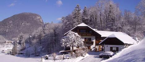 Un chalet à deux étages doté d’un balcon, entouré d’arbres couverts de neige et avec une montagne en toile de fond.
