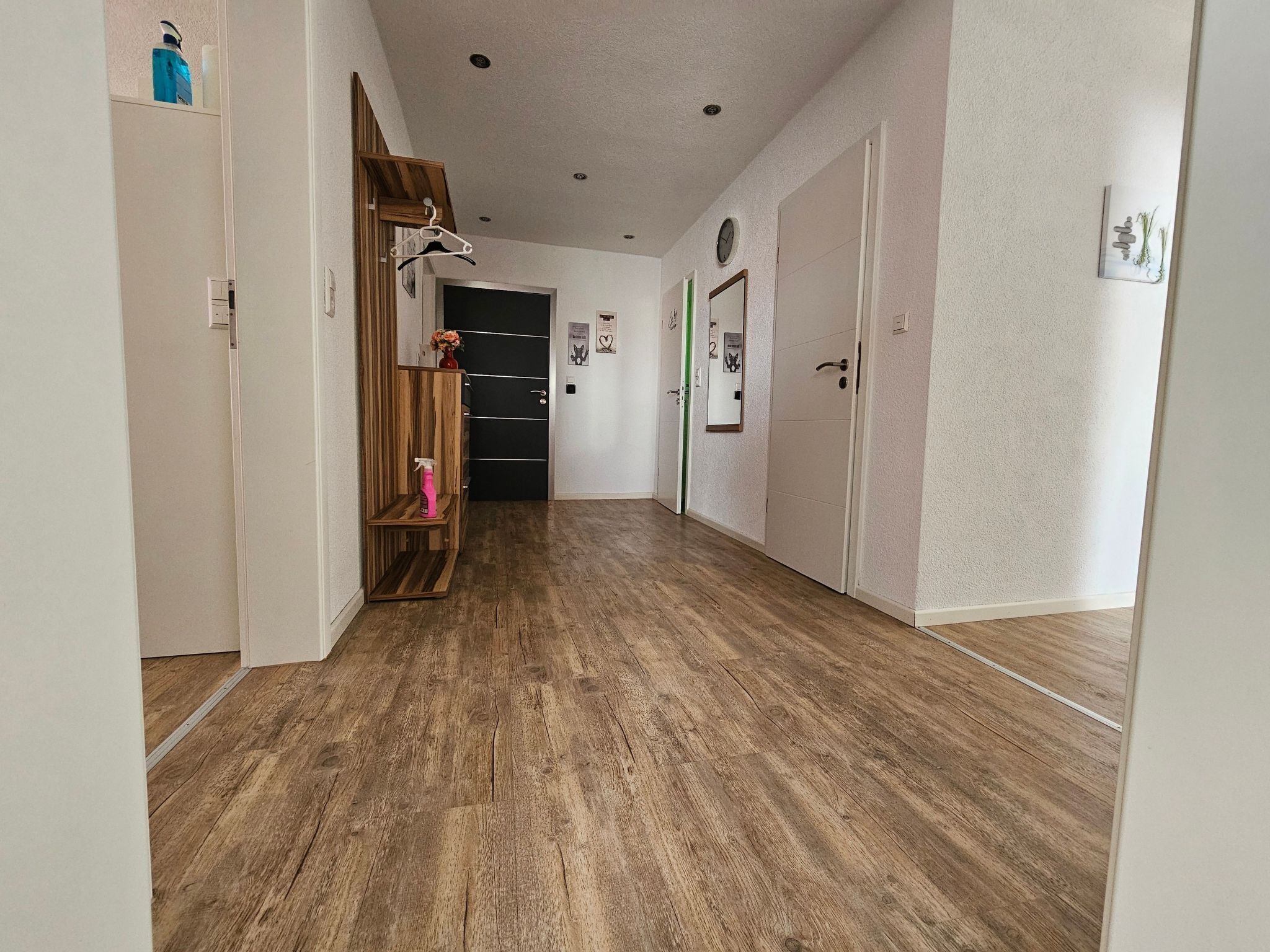 Ein Korridor mit Holzboden, einem Kleiderständer, einer Ablage mit einer Sprühflasche und einer Tür mit grünem Rahmen.