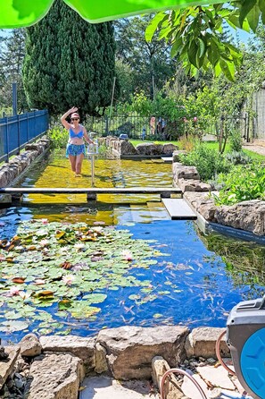 A person walking on a bridge over a pond with lily pads and a water pump. - Fh Kimmelsbacher Hof by Interhome (Kimmelsbach)