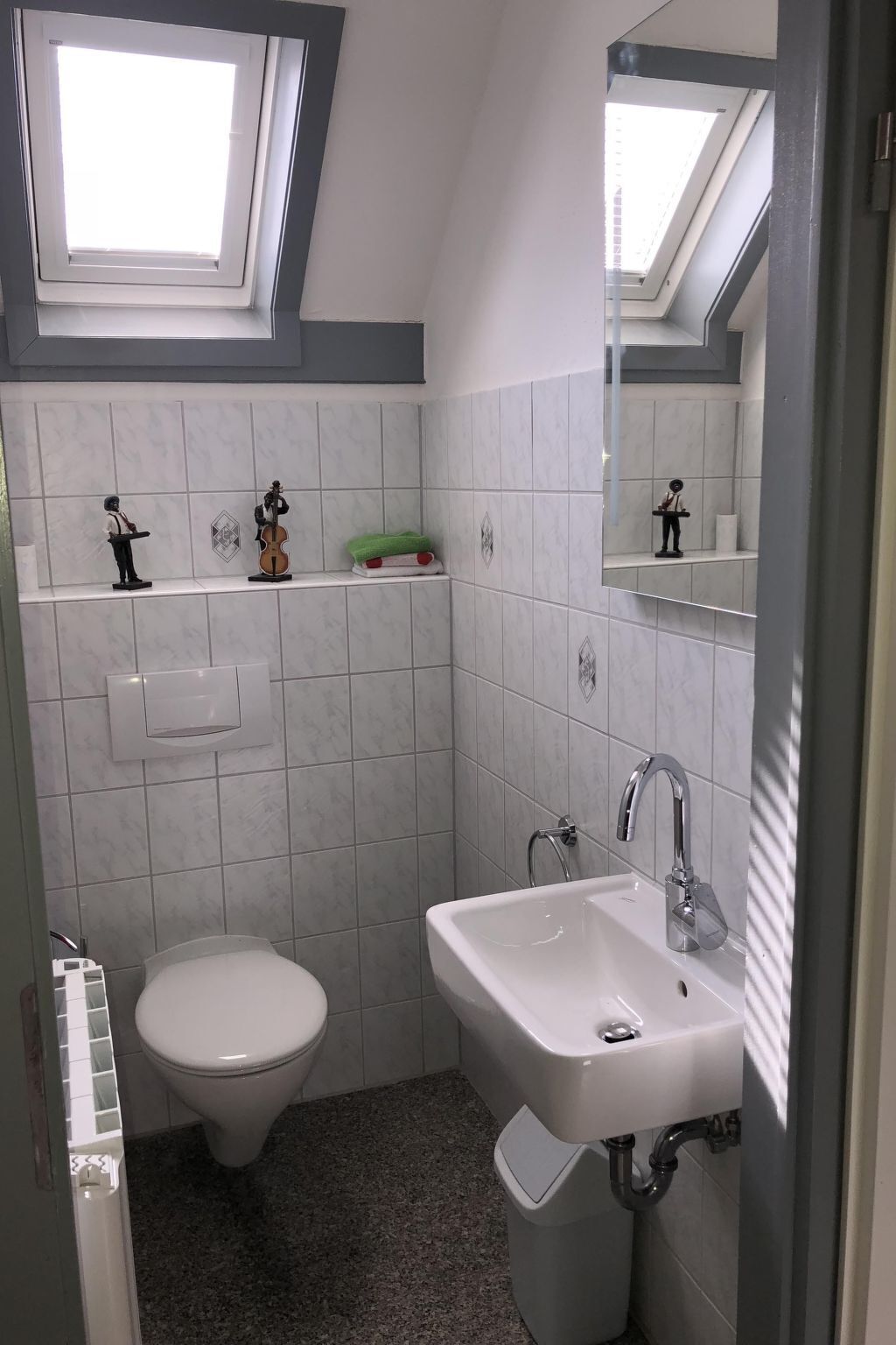 A small bathroom with a toilet, a sink, and a shelf with figurines. There are skylights above the toilet and a mirror above the sink.