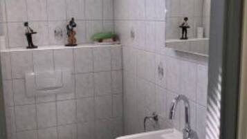 A small bathroom with a toilet, sink, and a skylight.
