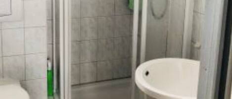 A bathroom with a shower enclosure, a toilet, and a sink.