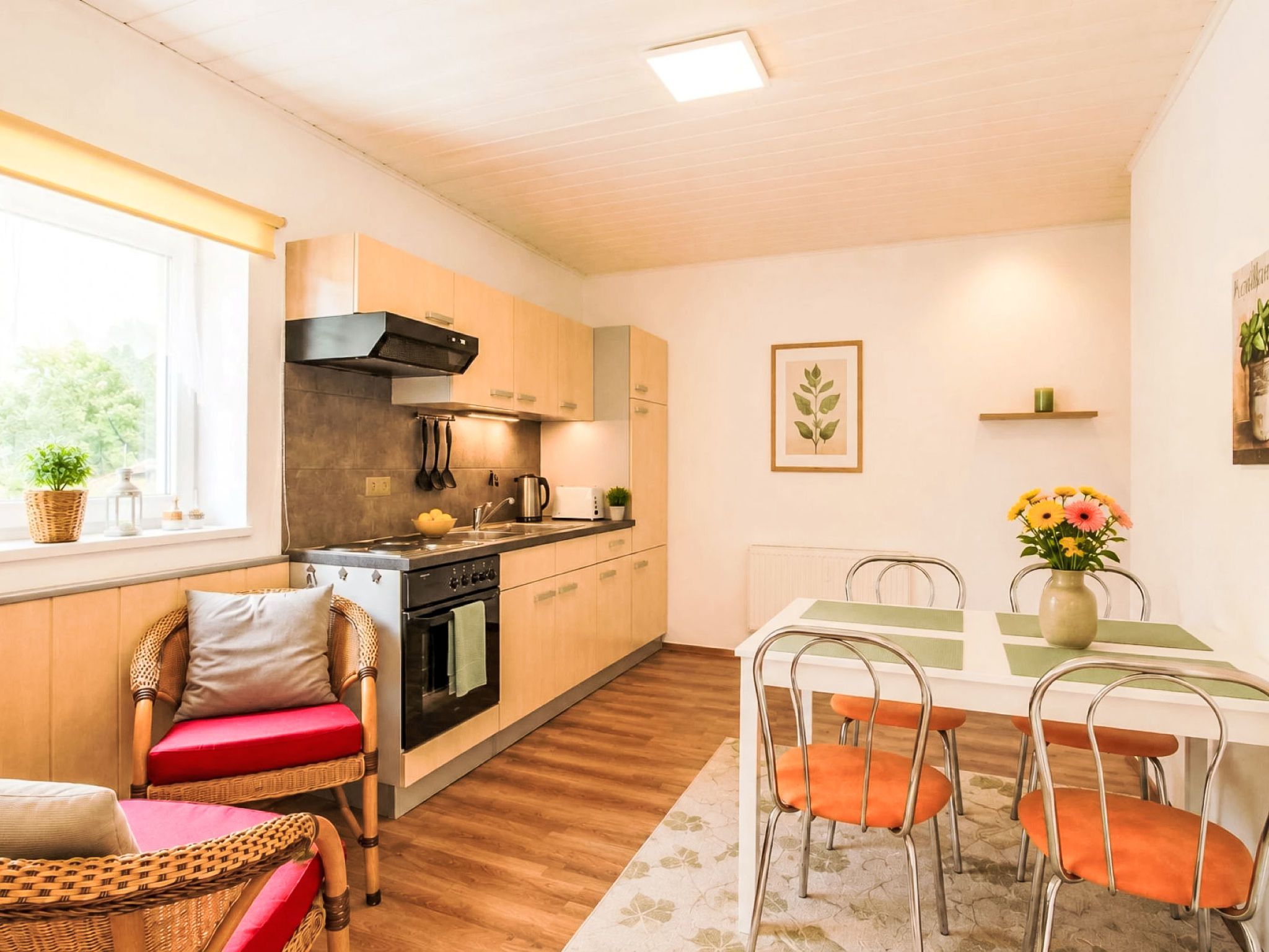 Et kompakt køkken med moderne hårde hvidevarer, et spiseområde med et bord og stole, og et vindue med udsigt til grønne områder.