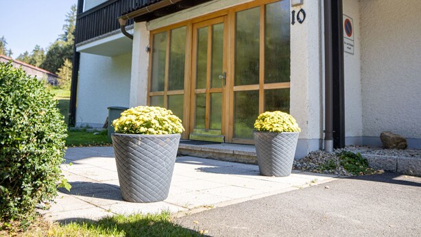 A building with a large glass door and a balcony. There are two large planters with yellow flowers in front. - mit zwei Schlafzimmern und Terrasse by Interhome (Weißenstadt)