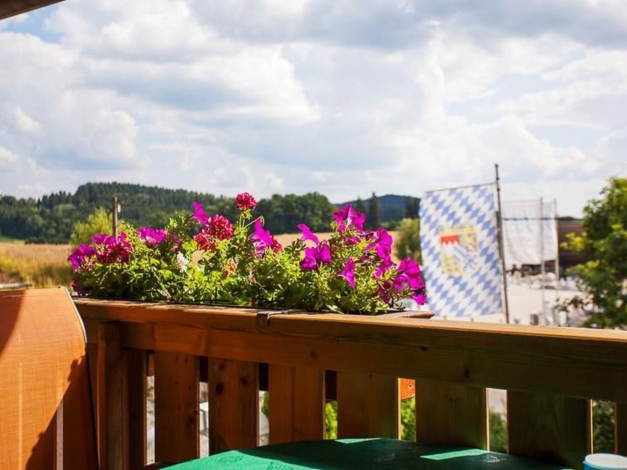 A wooden deck with a flower planter and a blue and white patterned awning in the background.