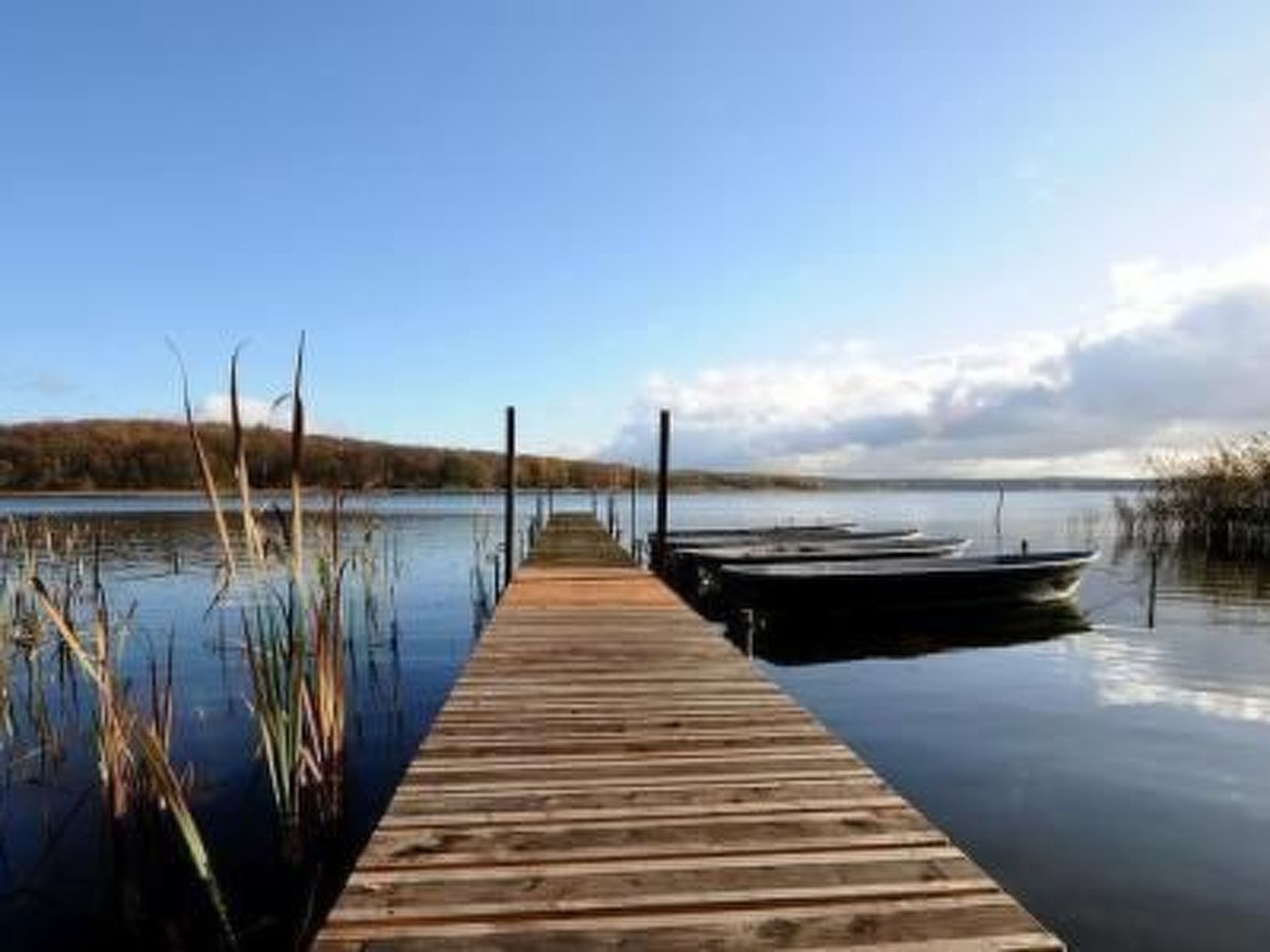 Eine hölzerne Anlegestelle, die sich ins ruhige Wasser erstreckt, mit einem Boot am Ende.