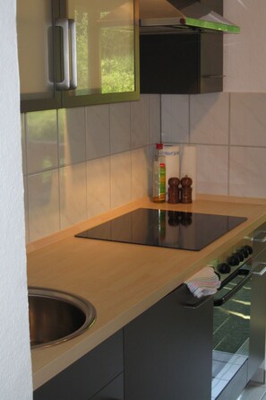 Geladeira, fogão, talheres/pratos/utensílios de cozinha